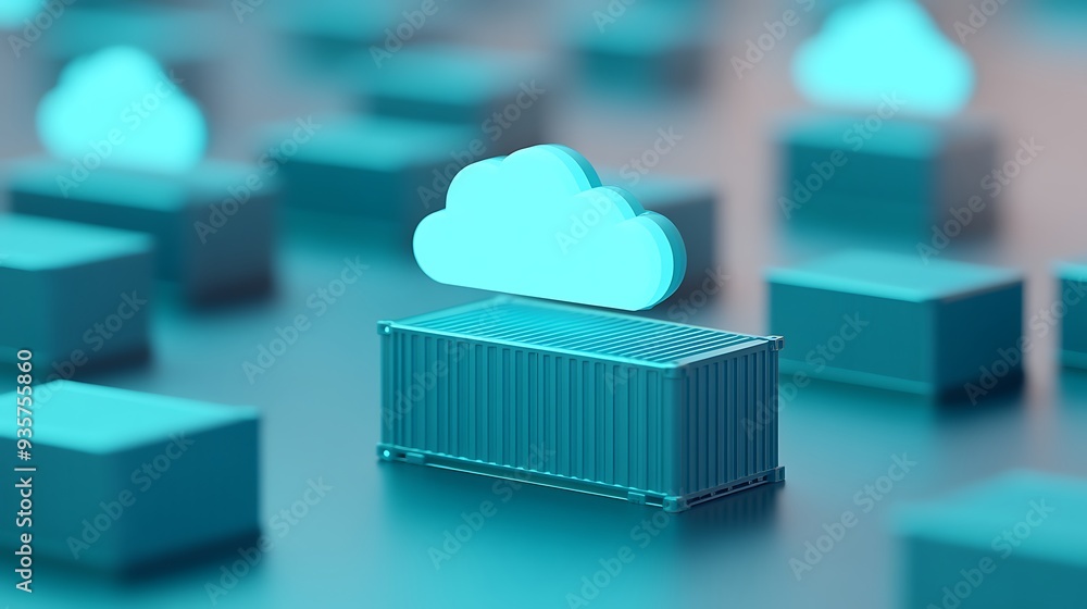 Poster abstract representation of cloud computing and container services with glowing blue icons on a blurr