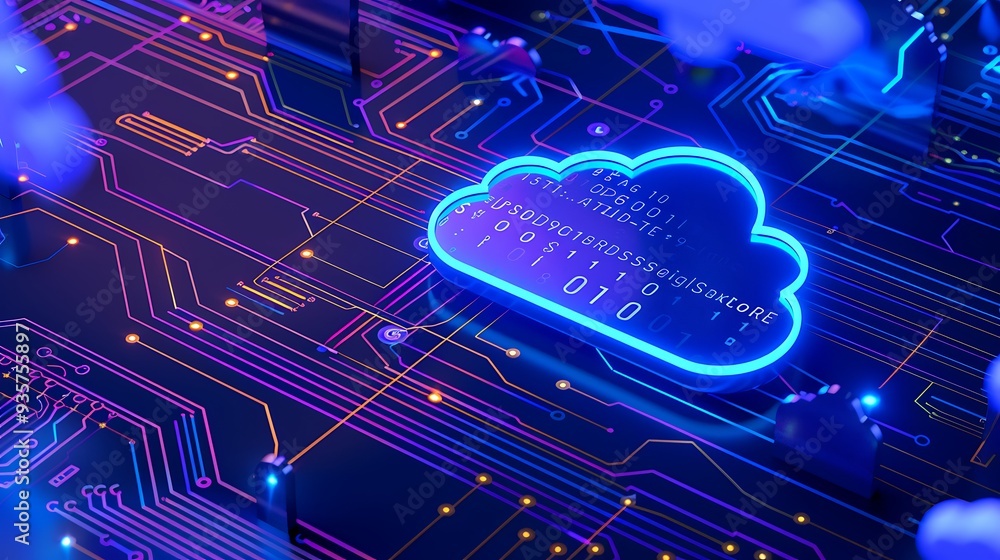 Aufkleber abstract representation of cloud computing, depicting a digital cloud icon over a futuristic circuit