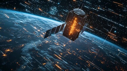 Digital data exchange through telecommunication satellites, visualizing binary code, data packets, and secure connections.