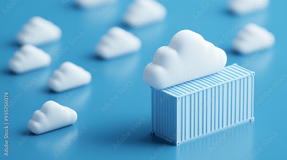 Poster abstract representation of cloud computing with white clouds and a blue container on a blue backgrou