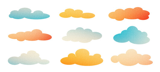 Clouds png set sunset sunrise vibrant grainy noisy cloud shapes blue white orange yellow red weather design elements collection