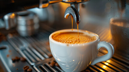 Freshly brewed espresso being extracted into a white cup with coffee beans scattered beside an espresso machine