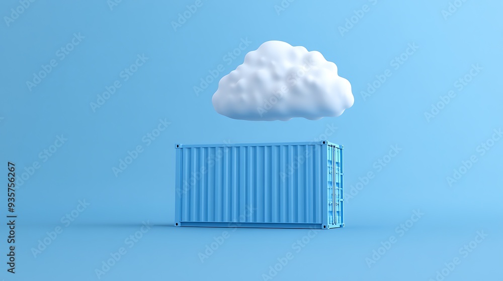 Poster blue cargo container with a cloud above it on a blue background, representing data storage and cloud