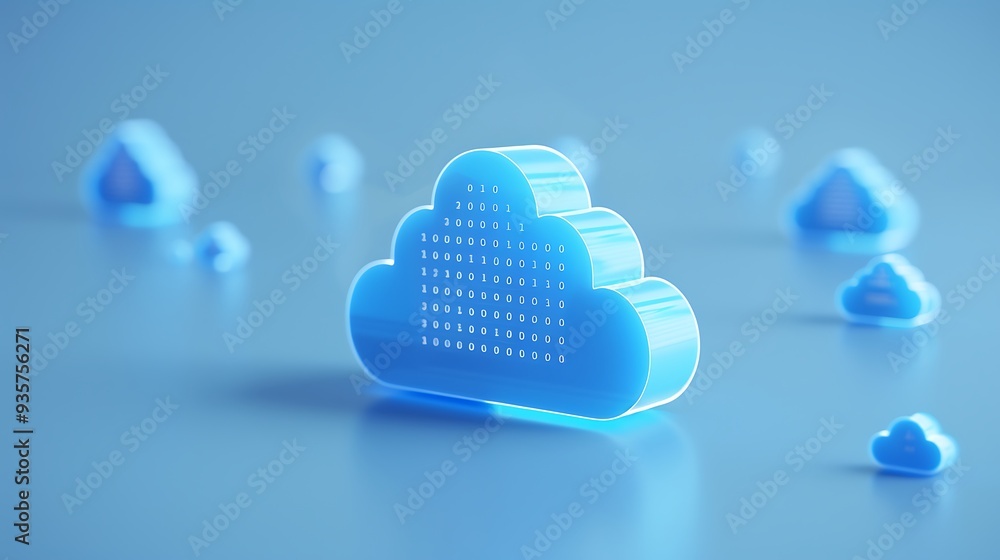 Poster blue 3d cloud icons representing cloud computing and data storage technology on a blue background. m