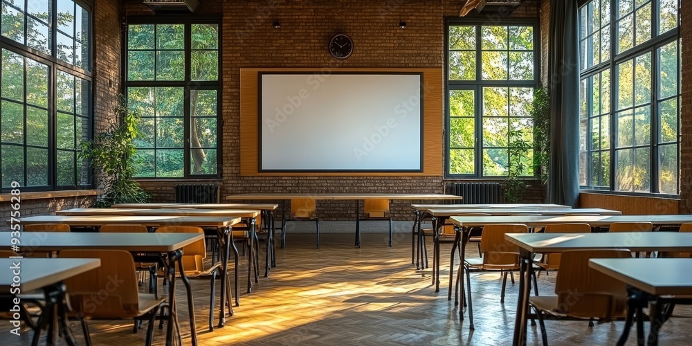 Poster empty classroom with large windows and projection screen