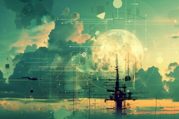 Obraz premium A futuristic cityscape with a large moon in the sky