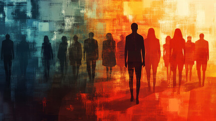 Diverse group of people silhouette on vibrant background. Modern art illustration. Concept of cultural diversity, unity, and stop discrimination