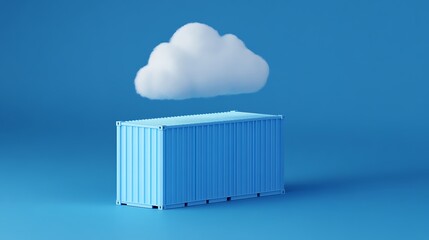 Blue cargo container under a cloud on a blue background. Represents cloud computing, storage and modern technology concepts.