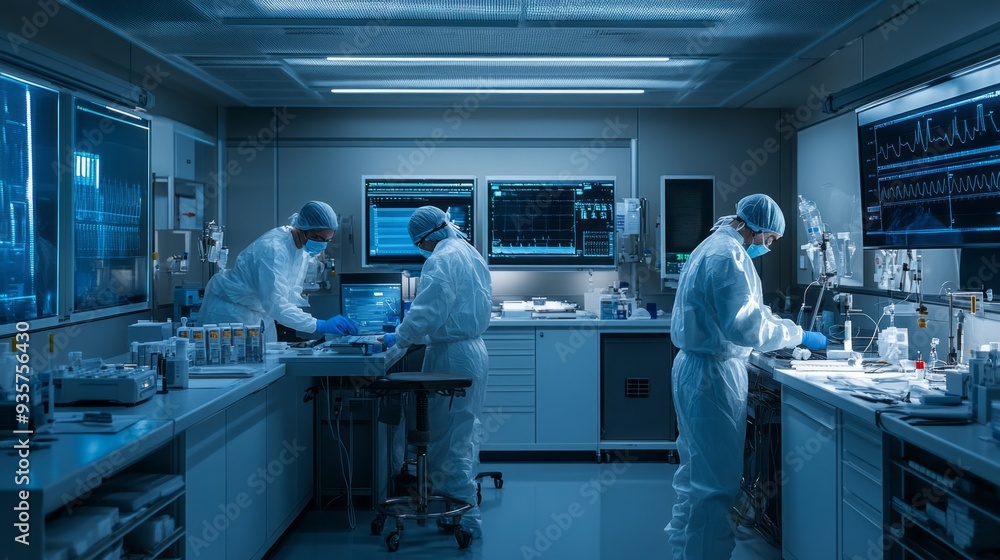 Poster Two scientists in protective gear diligently conduct experiments and analyze samples in a high-tech laboratory, surrounded by advanced equipment and screens displaying data