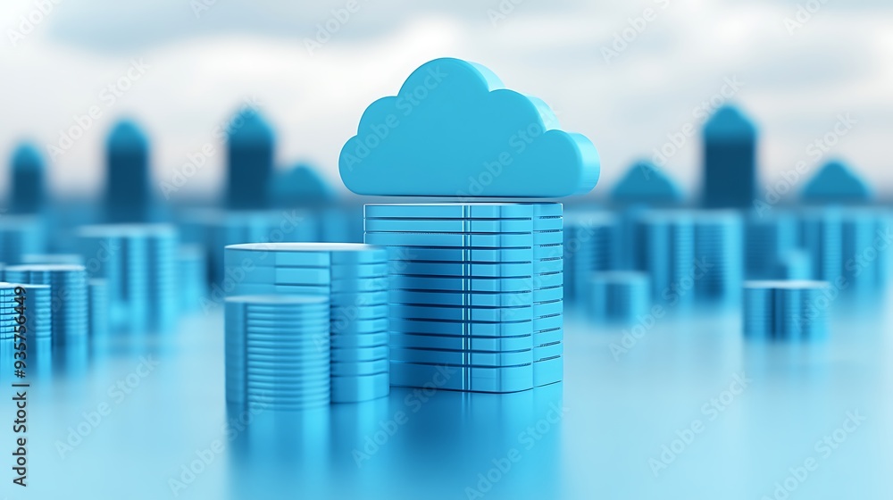 Poster blue cloud computing concept with skyscrapers and cityscape. data storage and technology integration