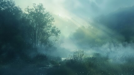 Fototapeta premium Illustrate the effect of early morning light streaming through a misty landscape.