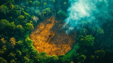 Obraz premium Aerial view of deforestation in a dense forest showing a large cleared area surrounded by untouched greenery, with smoke rising, highlighting environmental impact useful for environmental