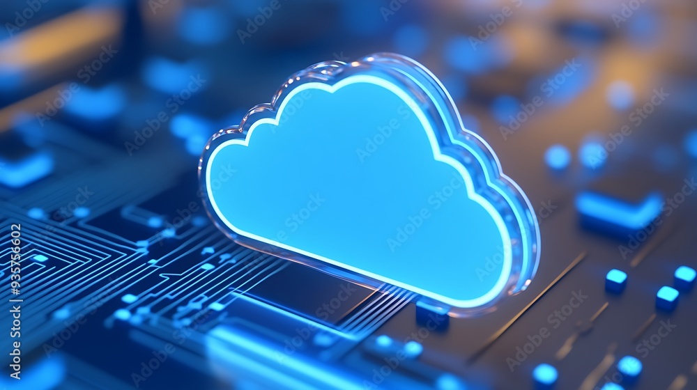 Poster blue cloud computing icon on circuit board background, representing data storage and virtual network