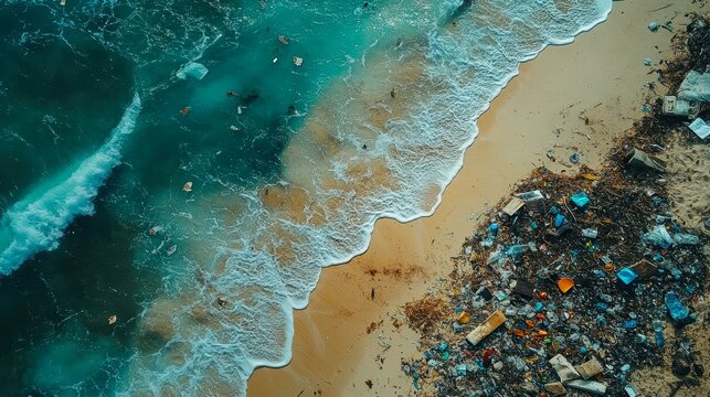 Aerial view of waves crashing on a polluted beach with scattered plastic and debris, highlighting environmental pollution issues, Ideal for environmental awareness campaigns and educational articles,