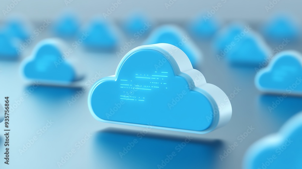 Poster blue cloud icon representing cloud computing and storage technology, with other similar icons in the