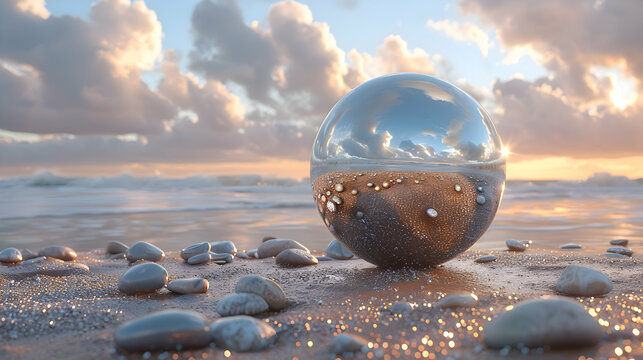 A close-up shot of a smooth pebble on a beach with a reflective 3D object floating nearby