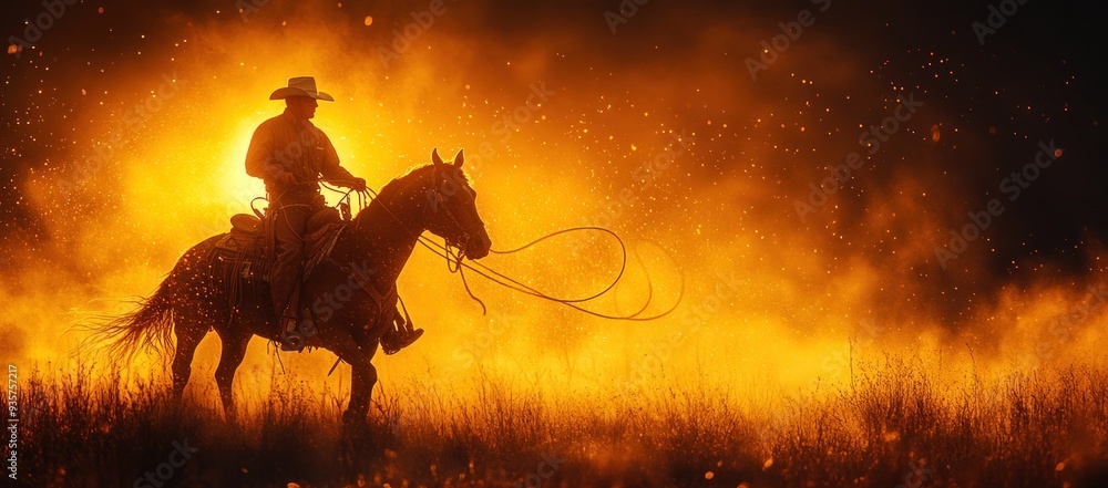 Sticker cowboy riding through fire