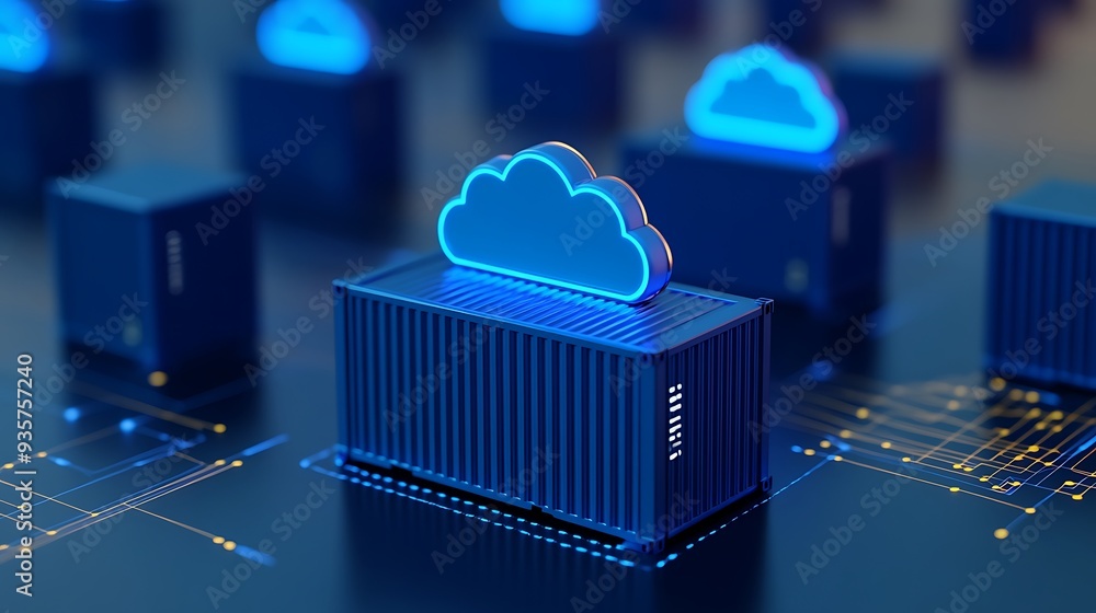 Poster blue cloud storage concept with 3d cloud icons on data containers. represents cloud computing, data 