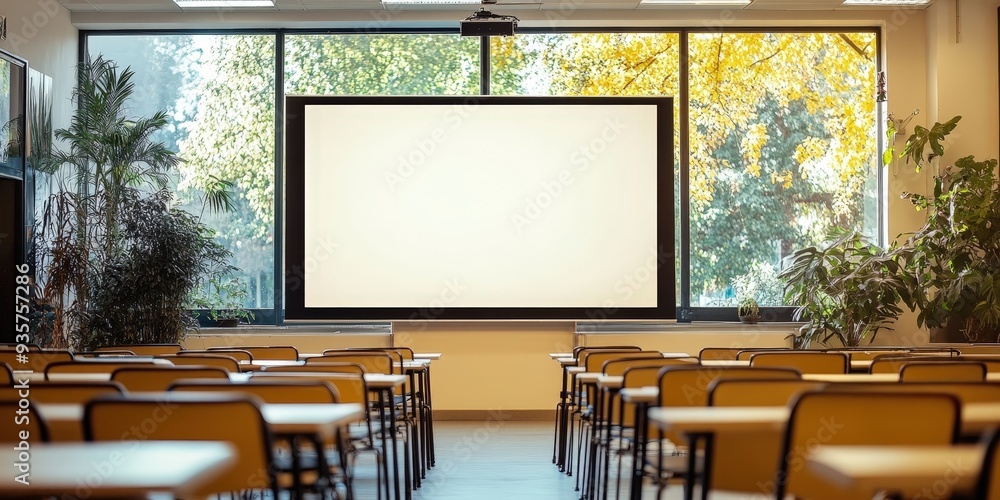Poster empty classroom with a projector screen