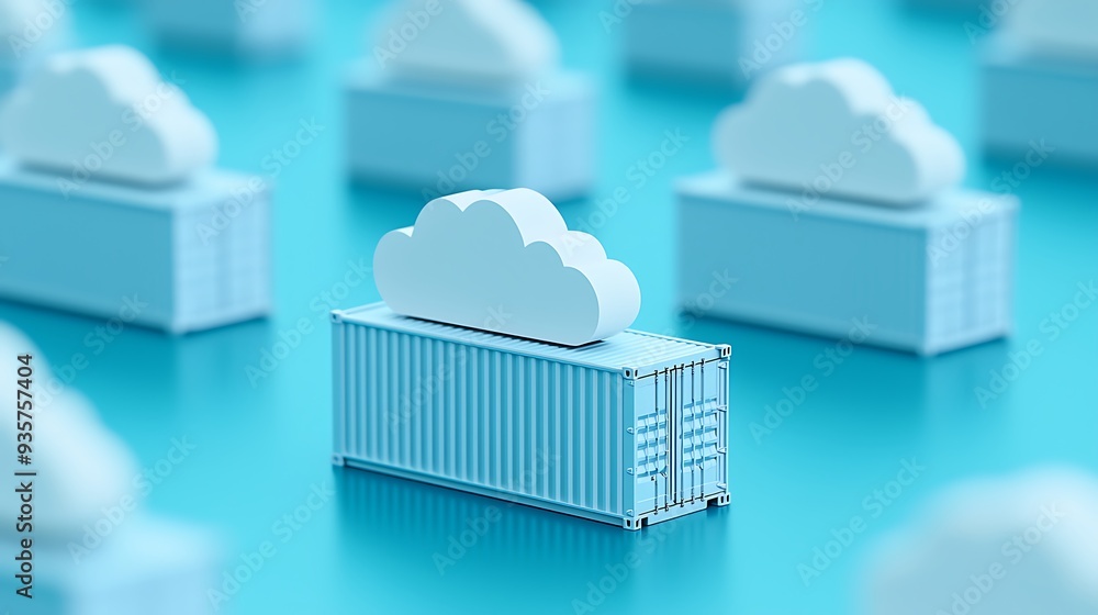 Poster blue containers with cloud icons symbolizing cloud computing and data storage, arranged on a light b