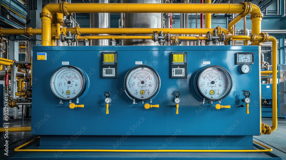 Poster pressure gauges and control panels measuring gas pressure in pipeline system