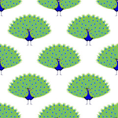 Seamless pattern with peacocks on white background.