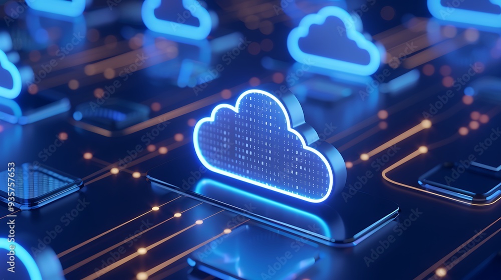 Poster blue neon cloud symbol on a circuit board, illustrating cloud computing, data storage, and it techno