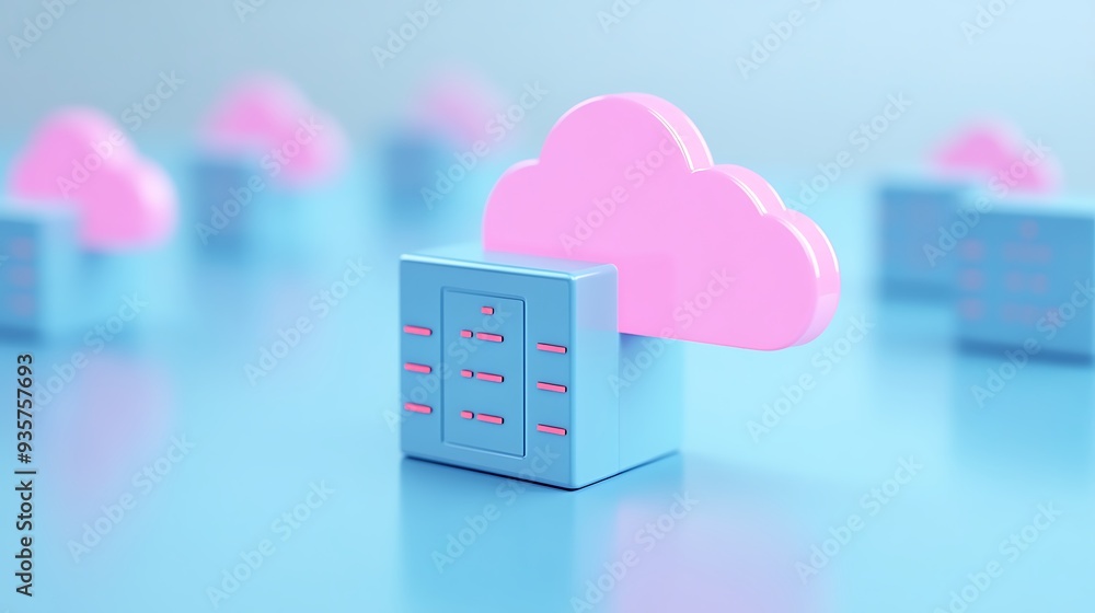 Poster blue server database icons with pink cloud symbols representing cloud computing technology on a ligh