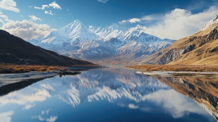 Fototapeta premium A serene aerial view of a South Asian mountain lake, with snow capped peaks reflected in the still waters.
