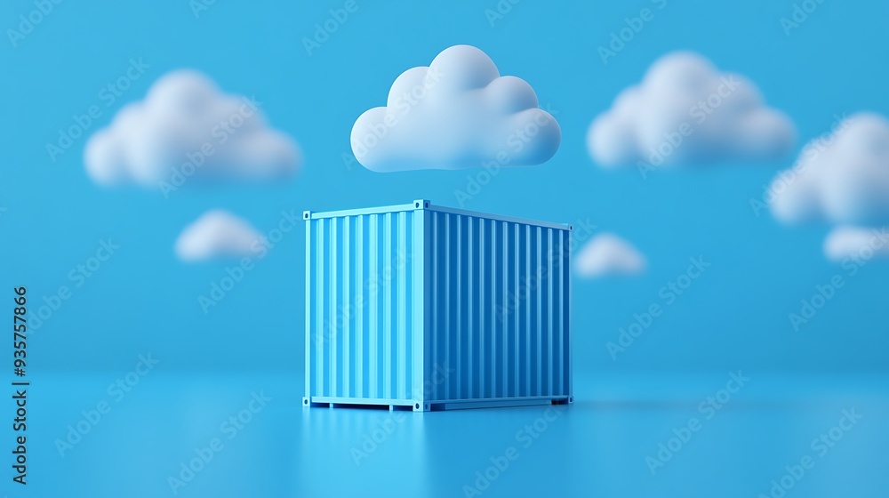 Poster blue shipping container isolated on a blue background with fluffy white clouds. minimalistic and fut