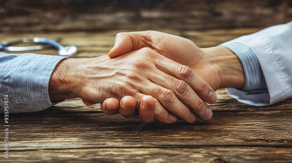 Poster a layered paper cutout of a doctors hands holding a patients hand emphasizing the human connection a