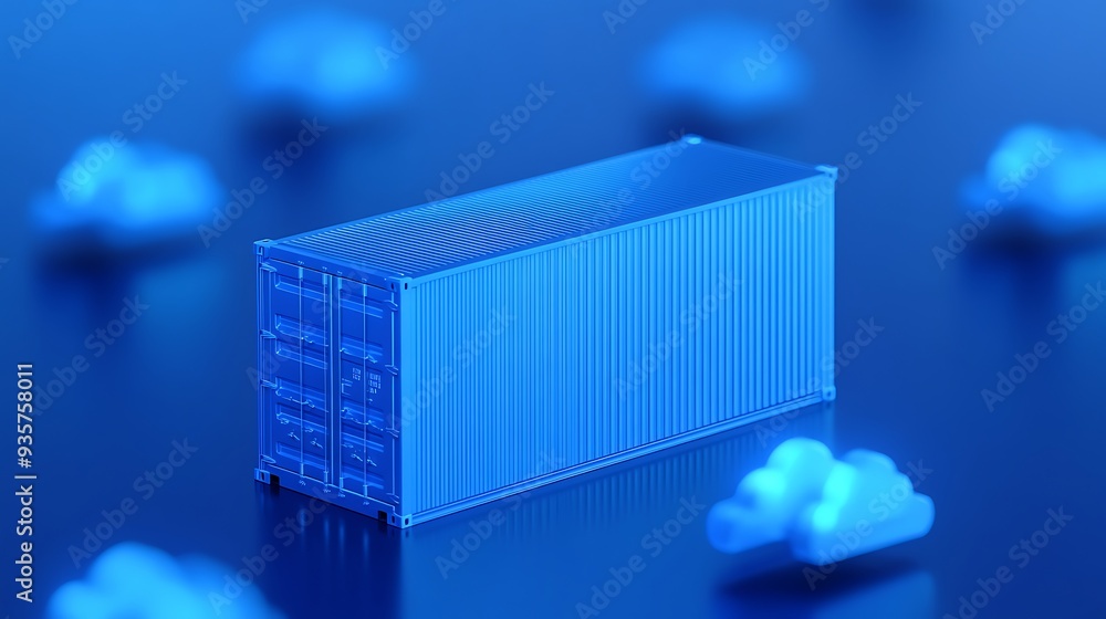Poster blue shipping container on a blue surface with out-of-focus cloud icons, representing cloud computin