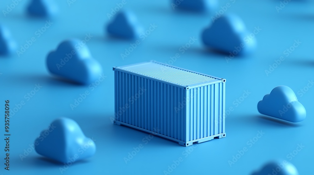 Poster blue shipping container surrounded by cloud shapes, symbolizing cloud computing and data storage sol