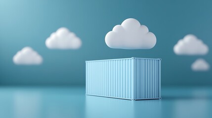 Obraz premium Blue shipping container on a glossy surface with clouds, symbolizing cloud storage and technology against a blue background.