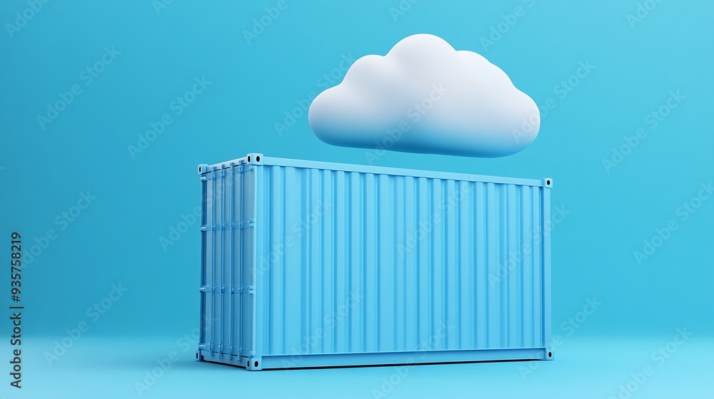 Poster blue shipping container under a cloud on a blue background, symbolizing cloud computing and data sto