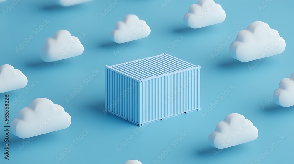 Poster blue shipping container surrounded by white clouds on a blue background, representing cloud computin