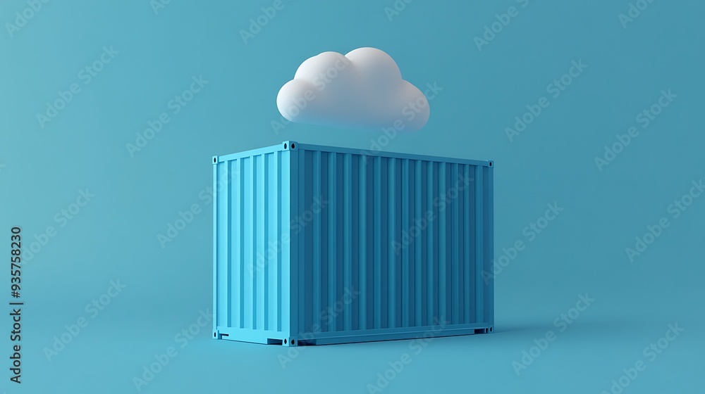 Poster blue shipping container under a single fluffy cloud, depicted on a minimalist blue background. conce
