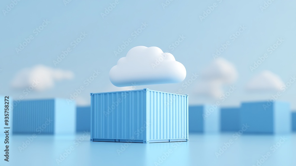 Poster blue shipping container with a cloud above, symbolizing cloud storage or computing. minimalist desig