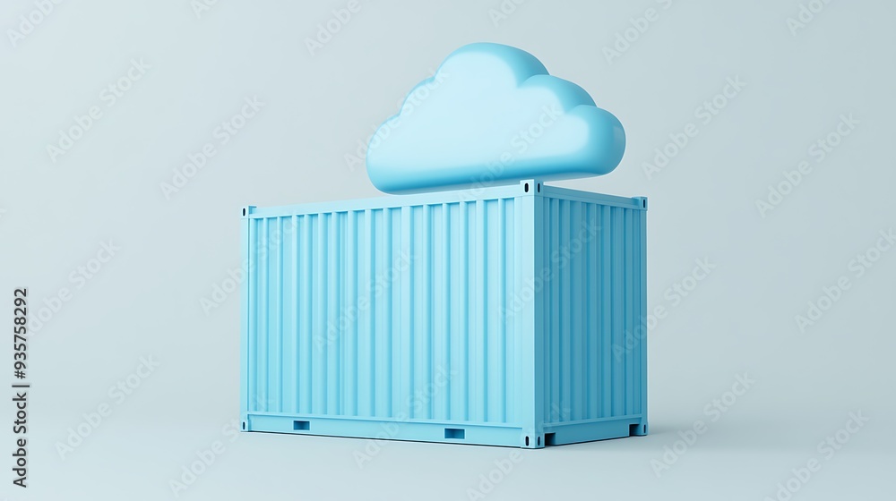 Poster blue shipping container with a cloud icon representing cloud storage and data security against a lig