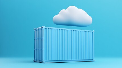 Blue shipping container under a cloud on a blue background, symbolizing cloud computing and data storage solutions.