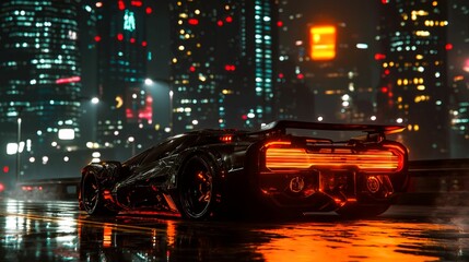 Futuristic Sports Car with Red Taillights in a Night City