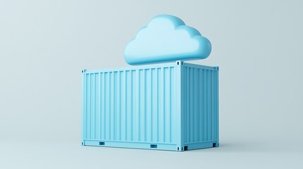 Blue shipping container with a cloud icon representing cloud storage and data security against a light background.