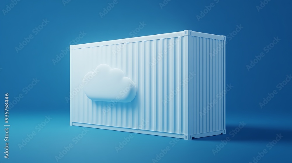 Poster blue shipping container with a cloud symbol on the side, representing cloud computing and storage in