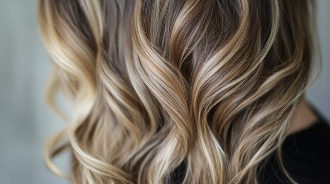 Long, wavy hair cascades down the back, showcasing a blend of warm caramel and blonde highlights in an indoor environment.