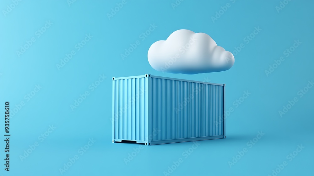 Poster blue shipping container with a floating cloud symbolizing cloud computing and storage, against a blu