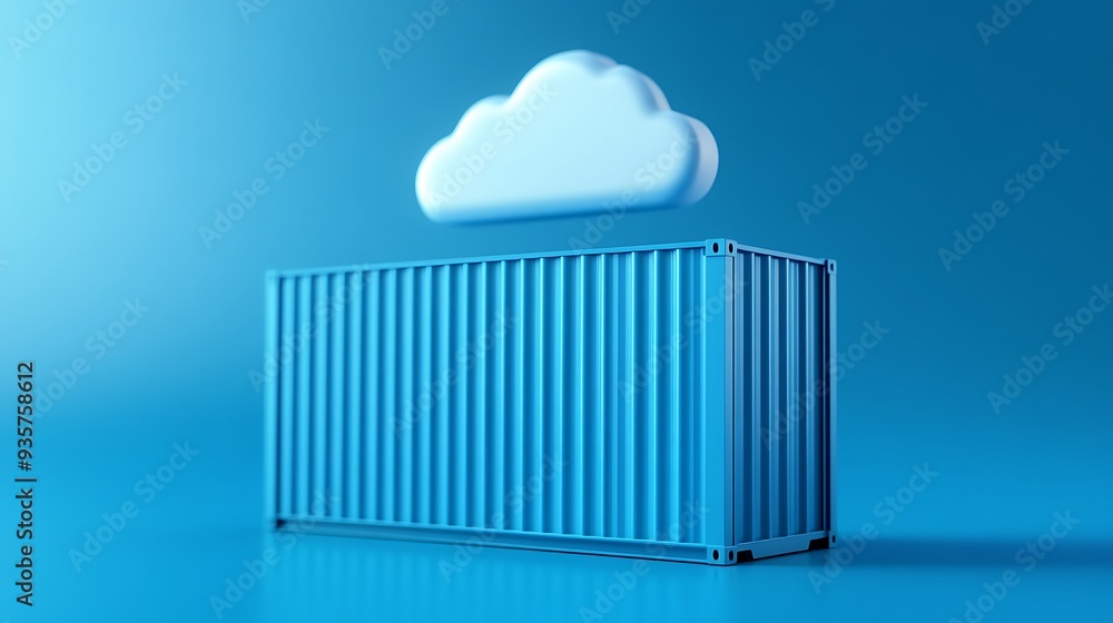 Poster blue shipping container with a white cloud above, illustrating cloud computing and storage solutions