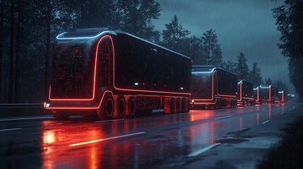  Futuristic Convoy of Autonomous Freight Trucks in 3D Render for Innovative Transportation Management, 