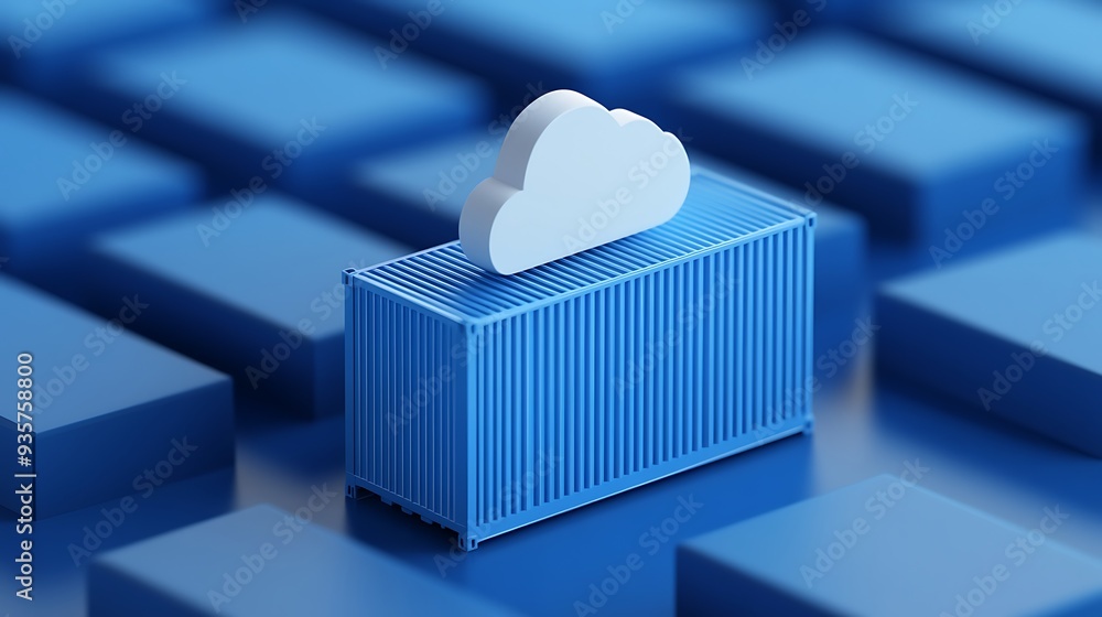 Poster blue shipping container with cloud icon representing cloud storage or modern data storage infrastruc