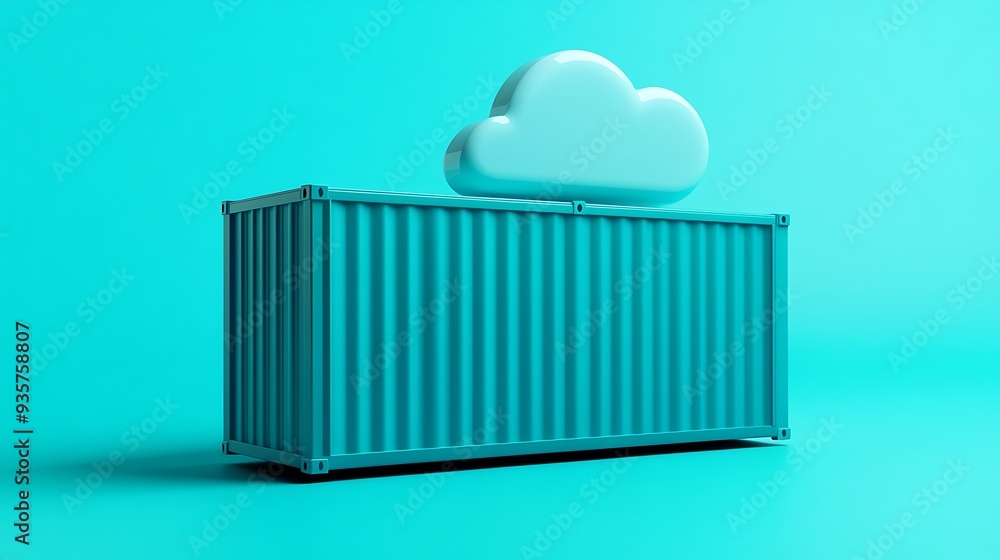 Poster blue shipping container with cloud icon, symbolizing cloud computing and storage solutions. modern t