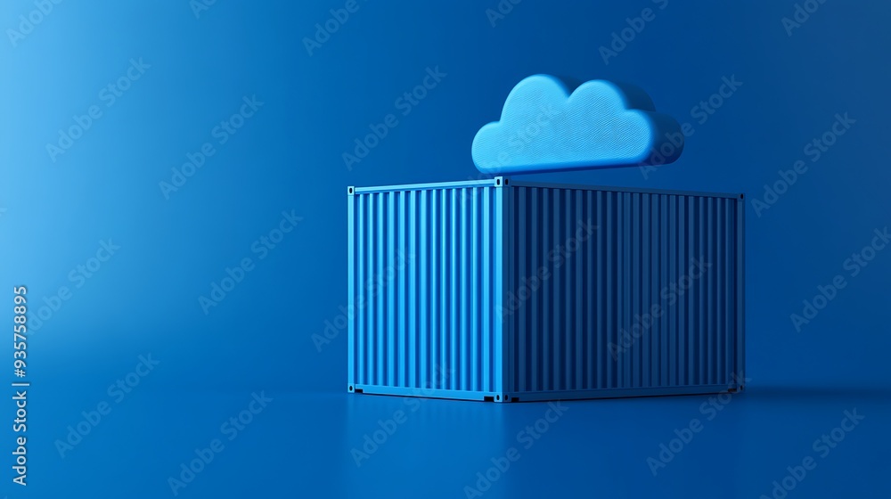 Poster blue shipping container with cloud illustration on top against a blue background, representing cloud